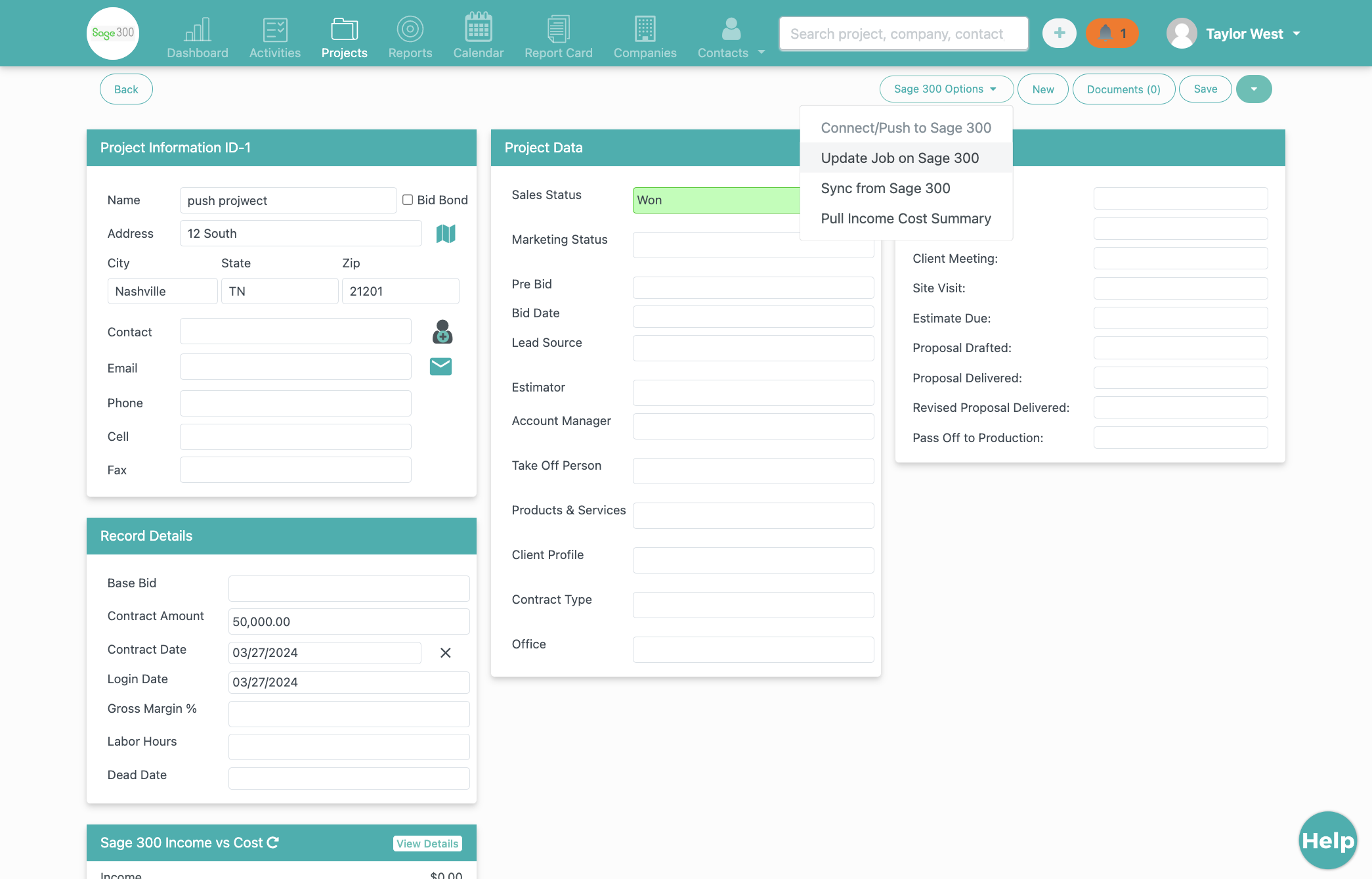 Click on Update Job on Sage 300