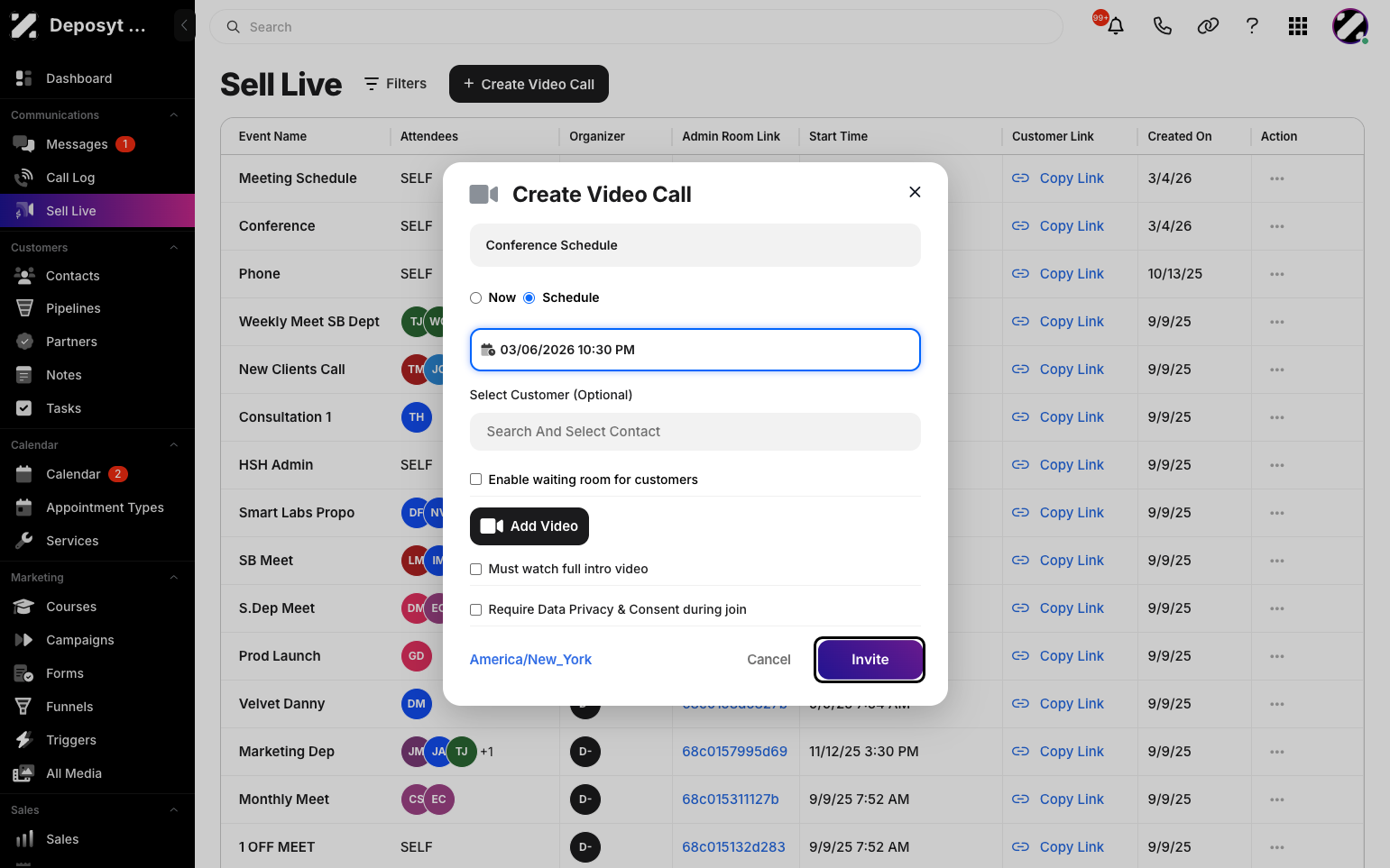 Step 8: Finally, click the Invite button to create the video call link.