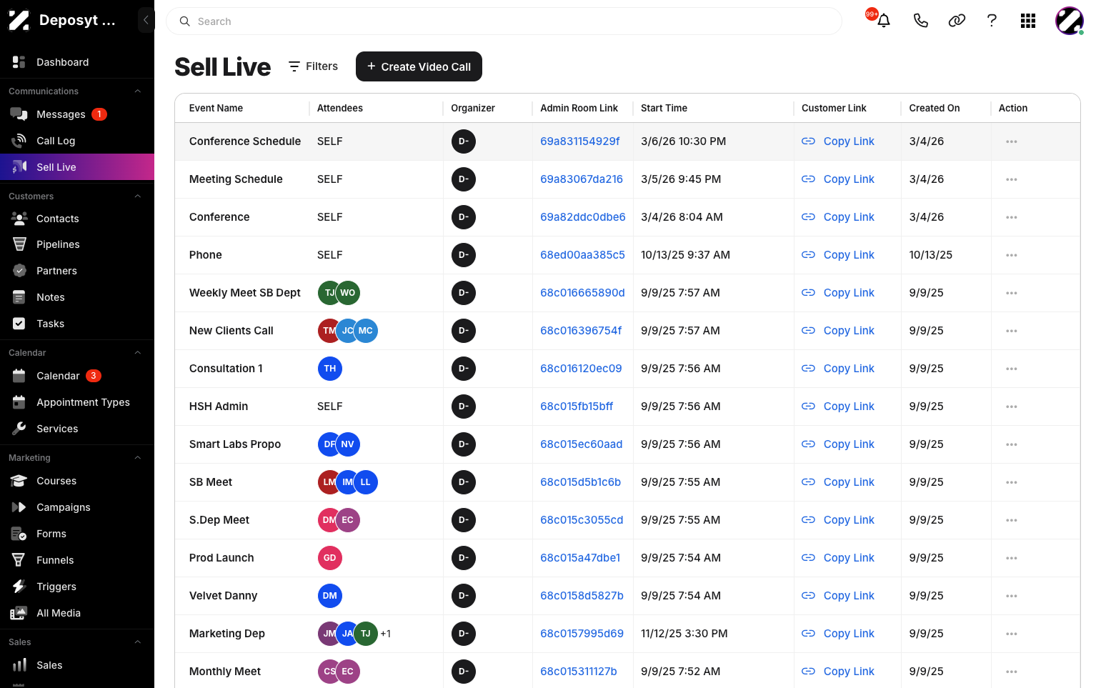 Step 9: You will now see the newly created video call link in the Sell Live overview list.
