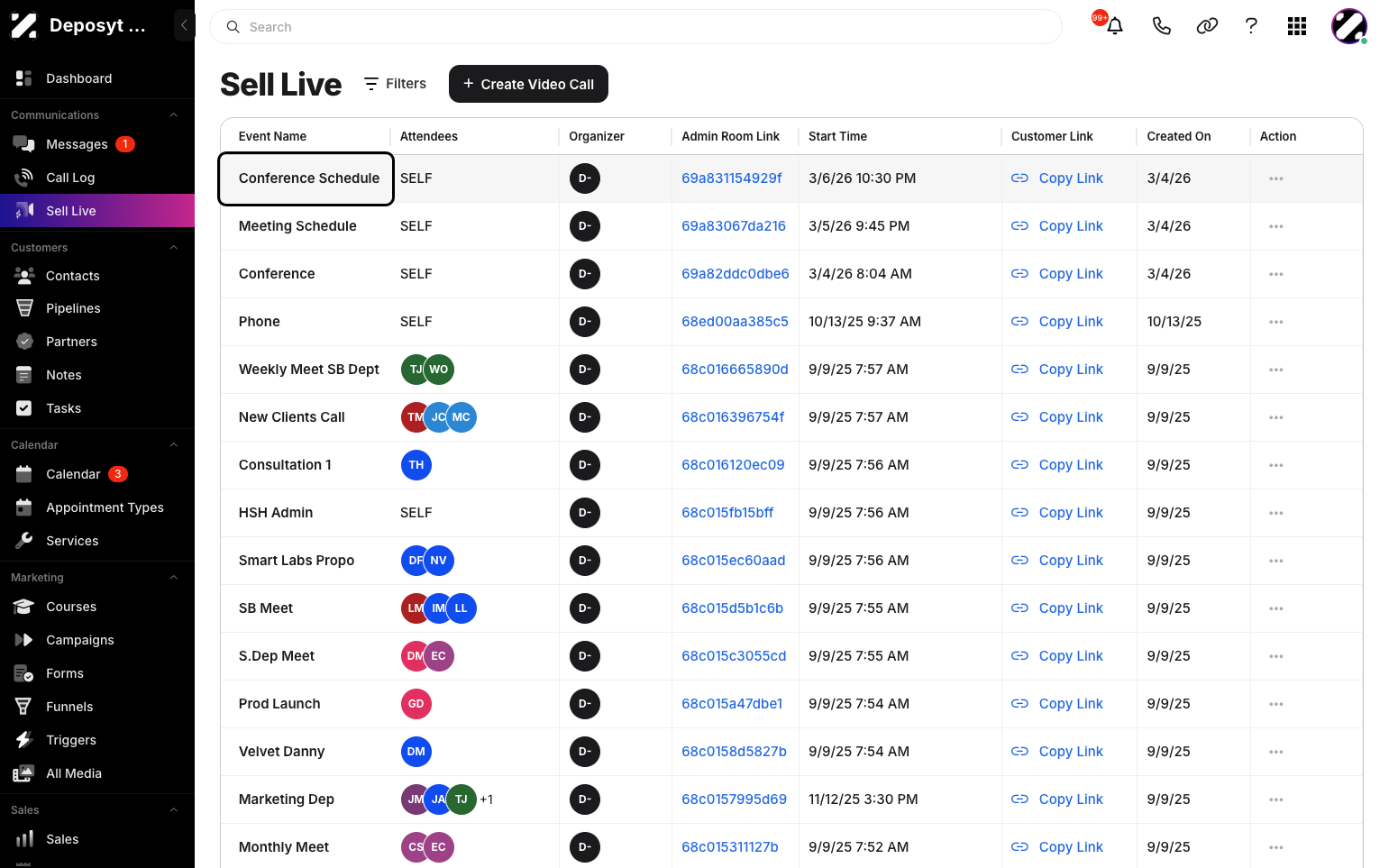 Step 9: You will now see the newly created video call link in the Sell Live overview list.