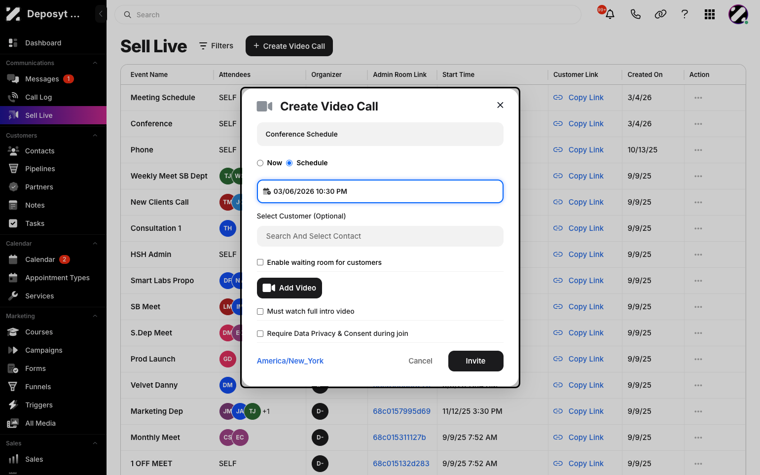 Step 7: You can then choose a specific customer, enable the waiting room, require participants to watch the full intro video, and enable the ‘Require Data Privacy & Consent During Join’ option.