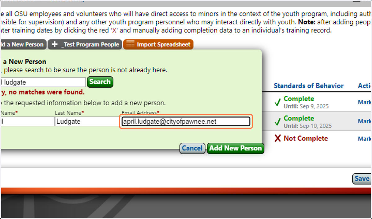 If there are no matches, enter the person's first name, last name, and e-mail address