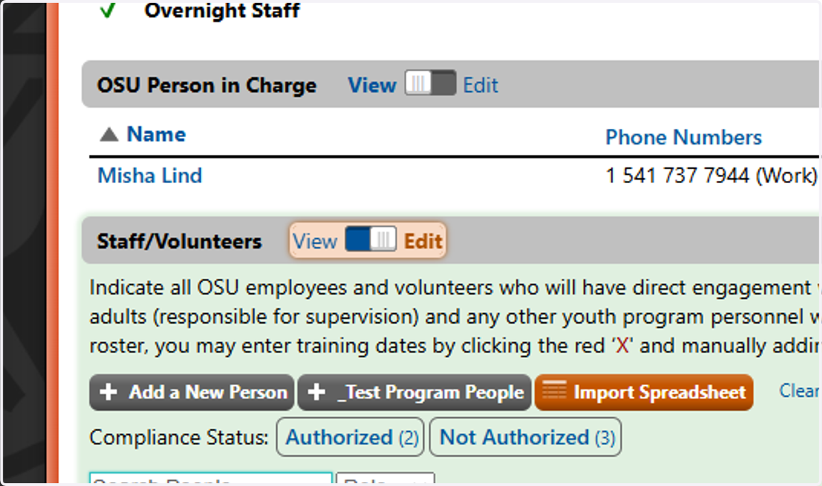 Toggle the switch on the Staff/Volunteers heading to Edit