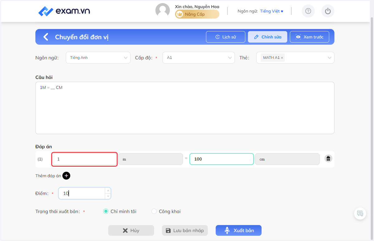 Tại khung "Điểm", nhập điểm