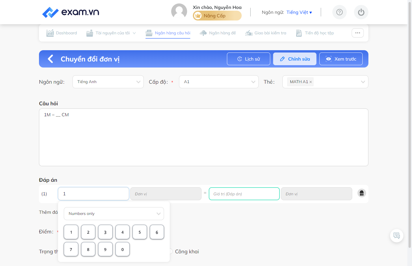 Bấm chọn khung "Numbers only" để sổ khung lựa chọn "Chỉ số" hay "Chỉ số và ký hiệu đơn giản", sau đó tại bảng các con số, chọn số bằng cách nhấn từng con số