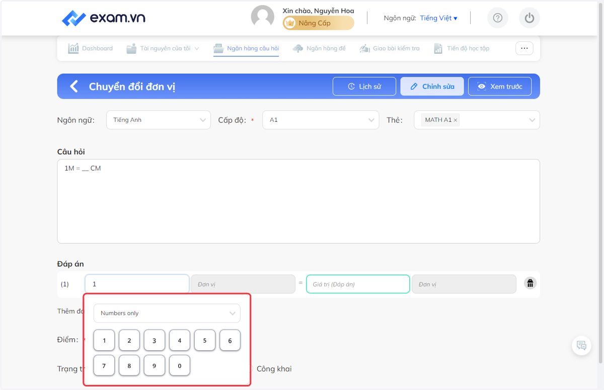 Bấm chọn khung "Numbers only" để sổ khung lựa chọn "Chỉ số" hay "Chỉ số và ký hiệu đơn giản", sau đó tại bảng các con số, chọn số bằng cách nhấn từng con số