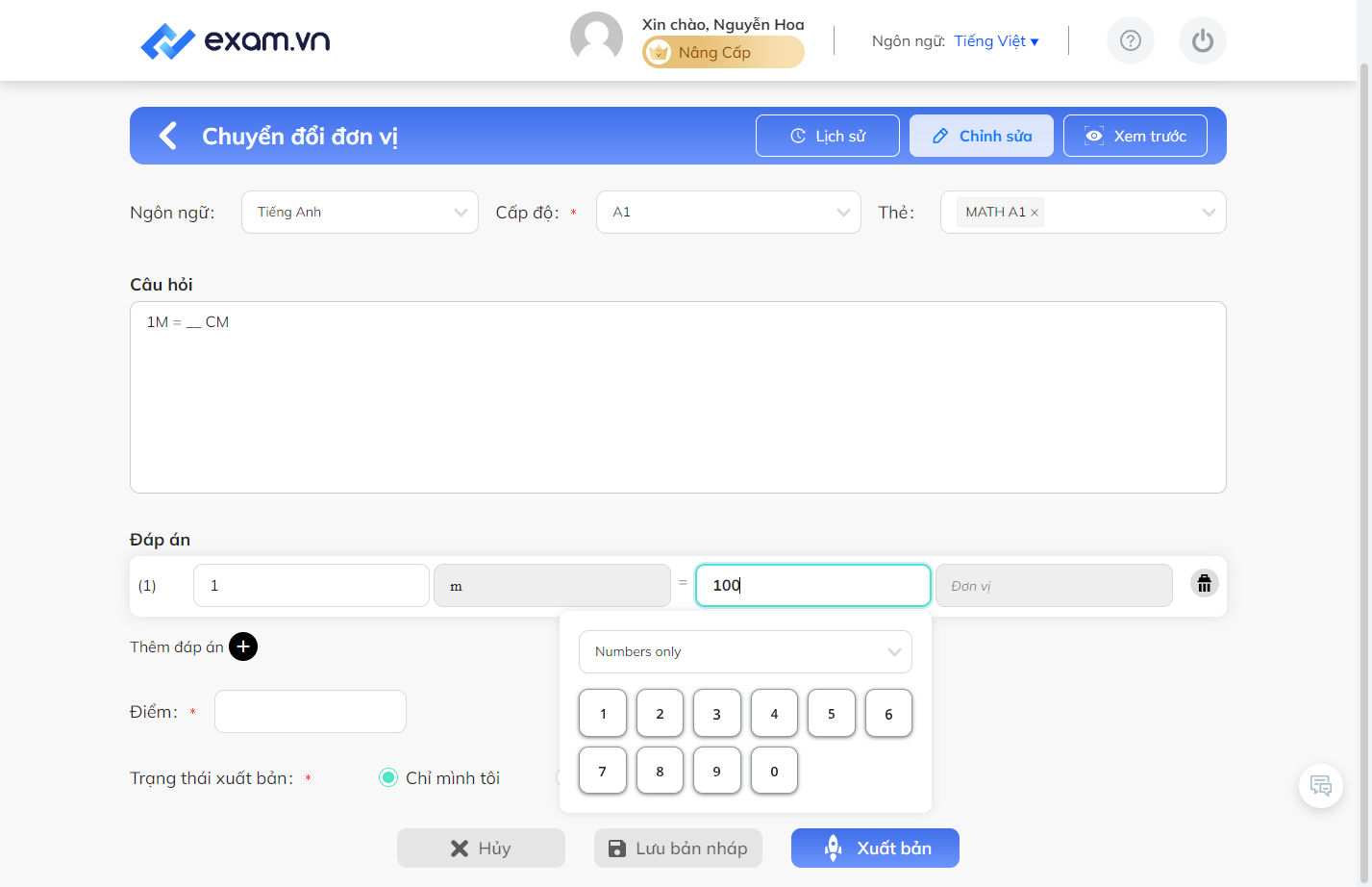 Chọn đơn vị cho đáp án