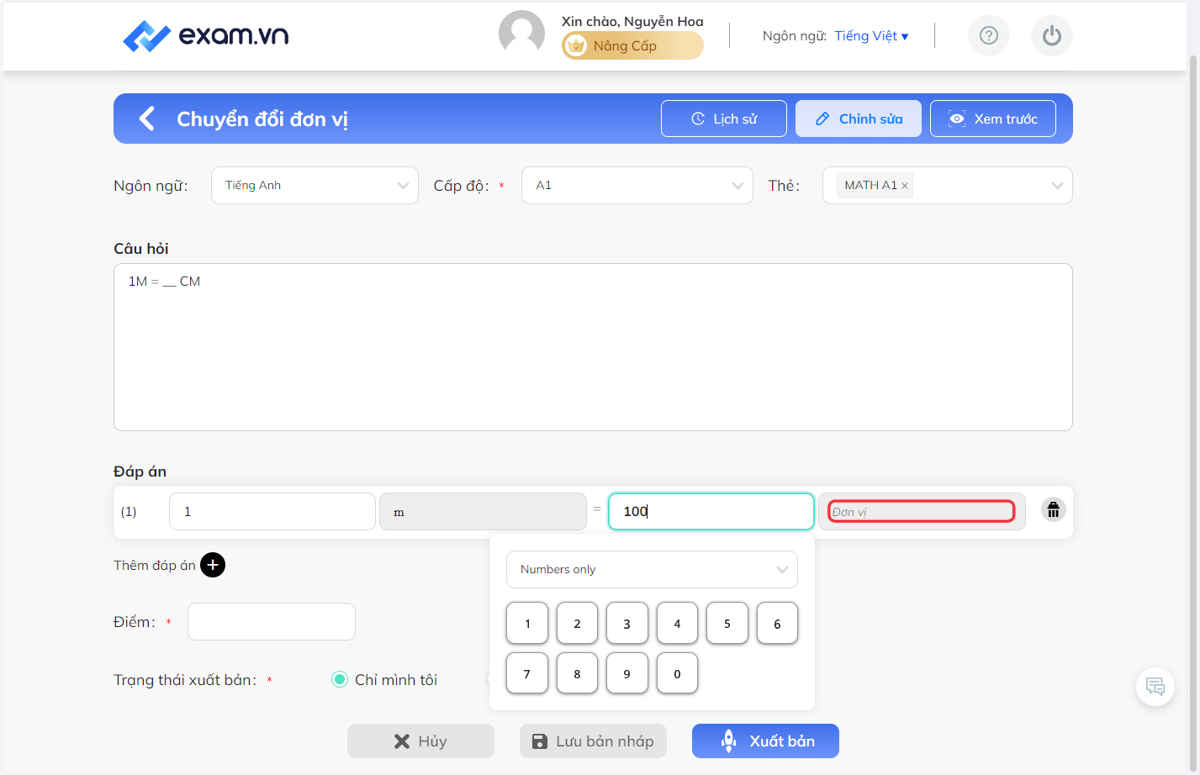 Chọn đơn vị cho đáp án
