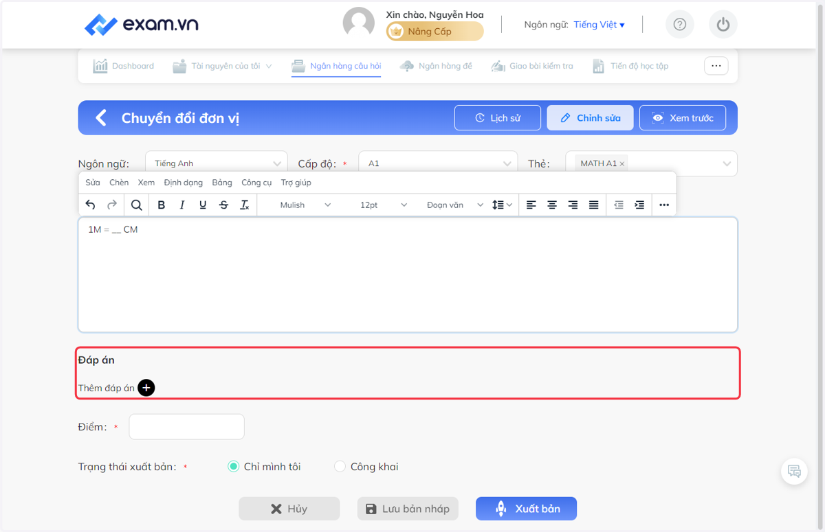 Bấm chọn "+" để tạo đáp án tự động