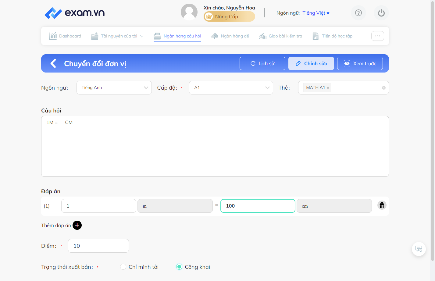 Nhấn chọn "Xem trước" để xem mẫu câu hỏi
