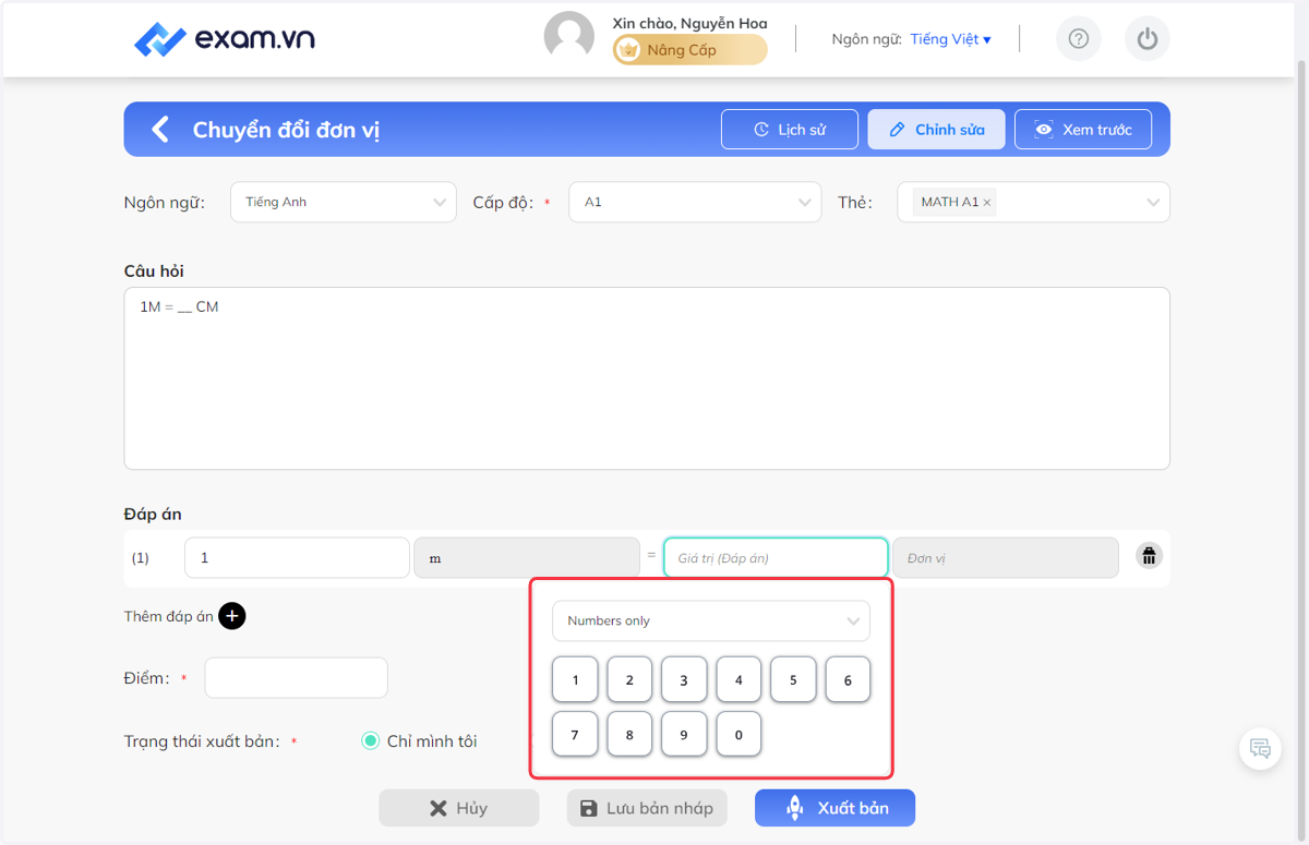 Bấm chọn khung đáp án để nhập đáp án. Tương tự chọn "Numbers only" để sổ khung lựa chọn "Chỉ số" hay "Chỉ số và ký hiệu đơn giản"