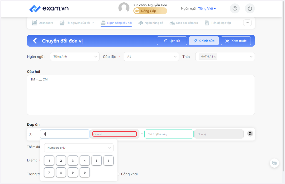 Bấm chọn đơn vị