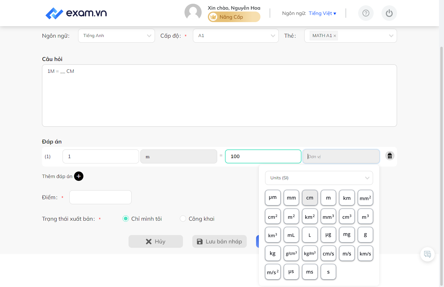 Trong bảng hiện ra, lựa chọn đơn vị phù hợp