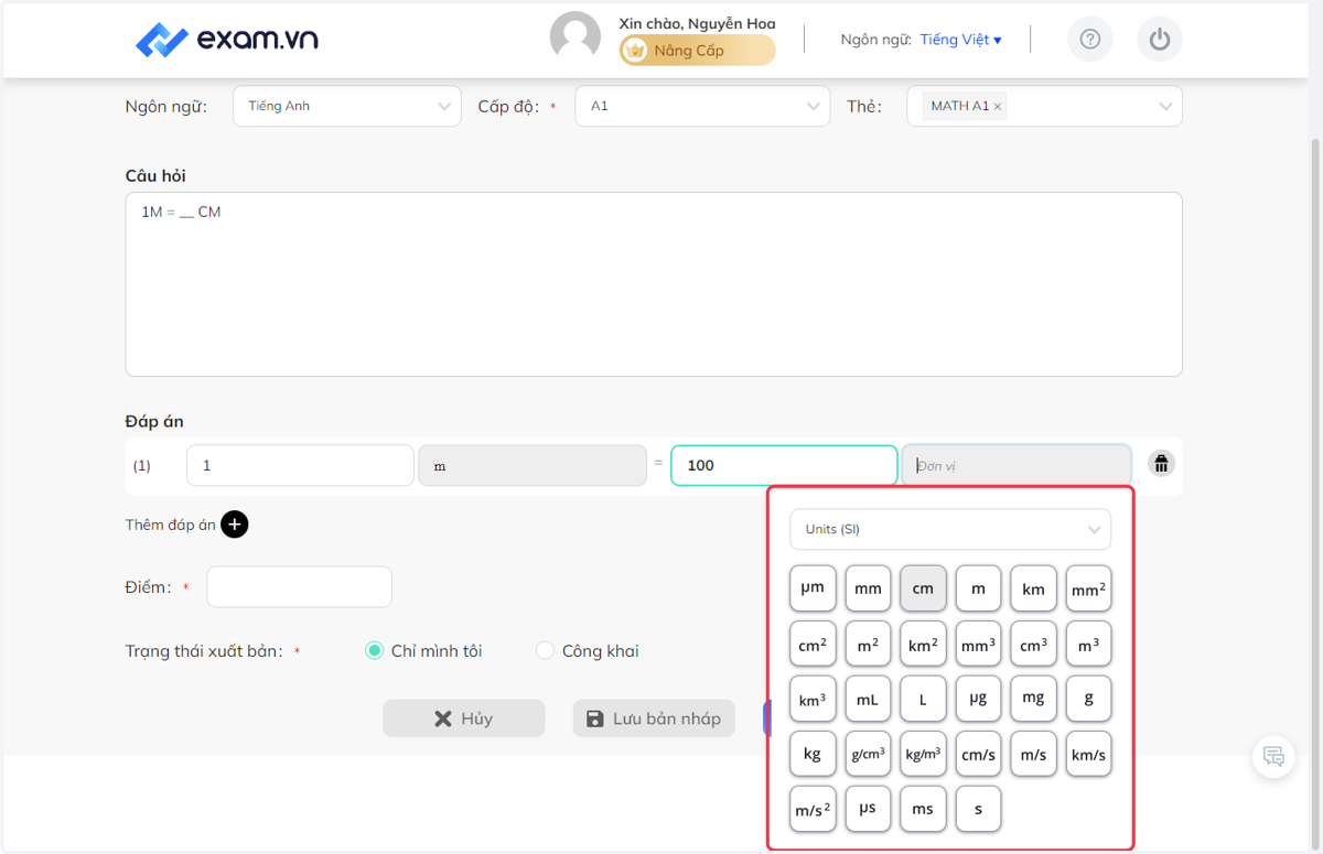 Trong bảng hiện ra, lựa chọn đơn vị phù hợp