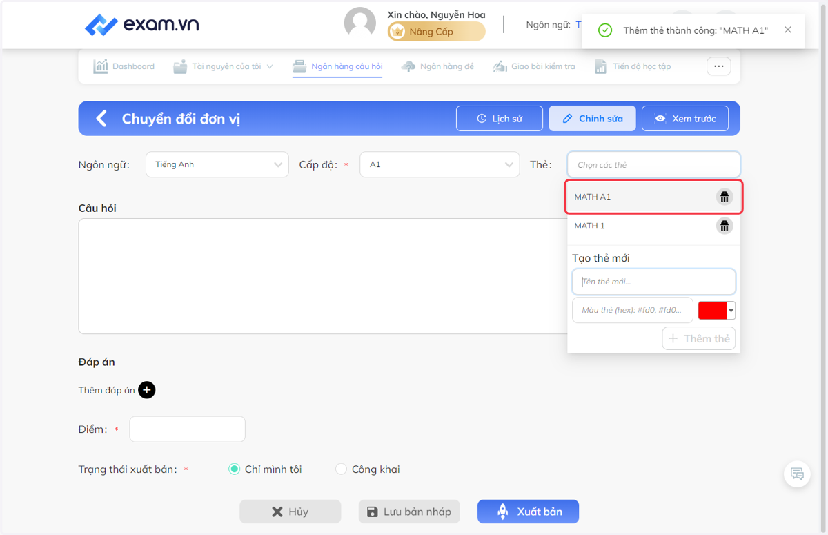 Nhấn chọn thẻ đã tạo
