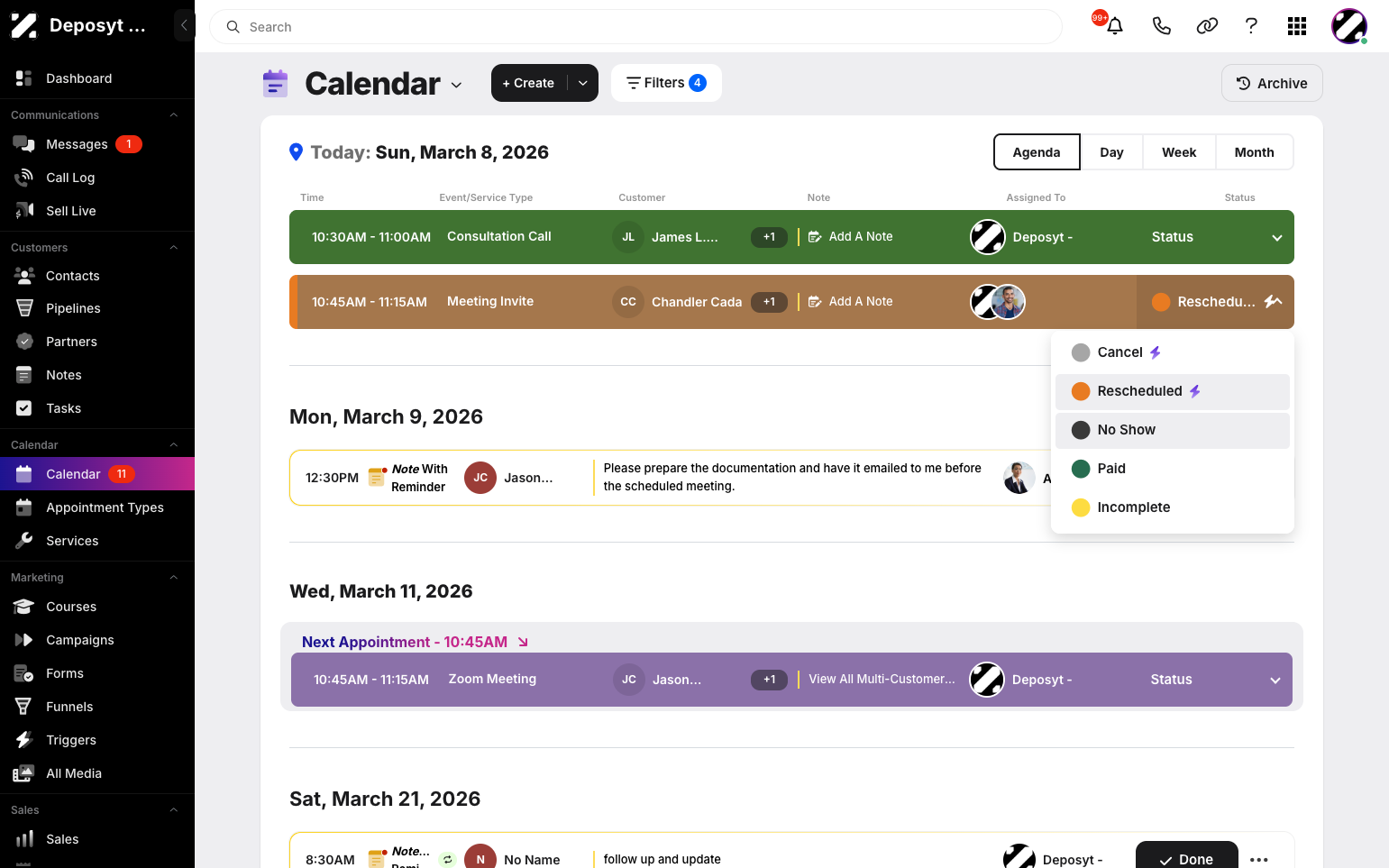 Step 2: One way is to click the status dropdown button under the status column to update the appointment status.