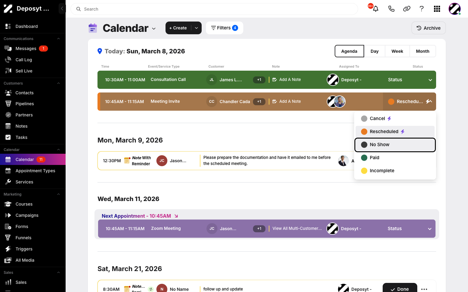 Step 2: One way is to click the status dropdown button under the status column to update the appointment status.