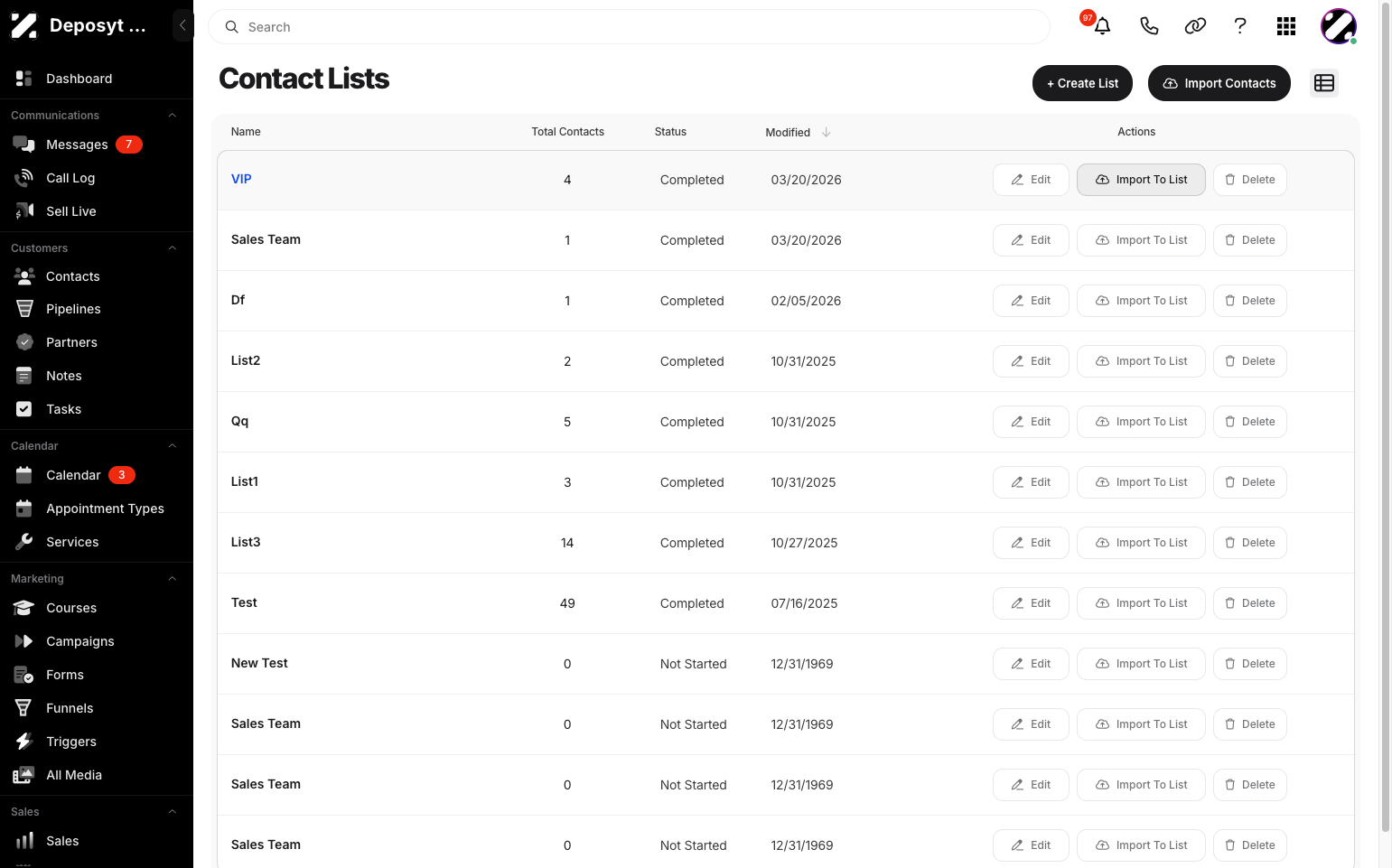 Step 4: You will be taken to the Lists section. Click the Import To List button.