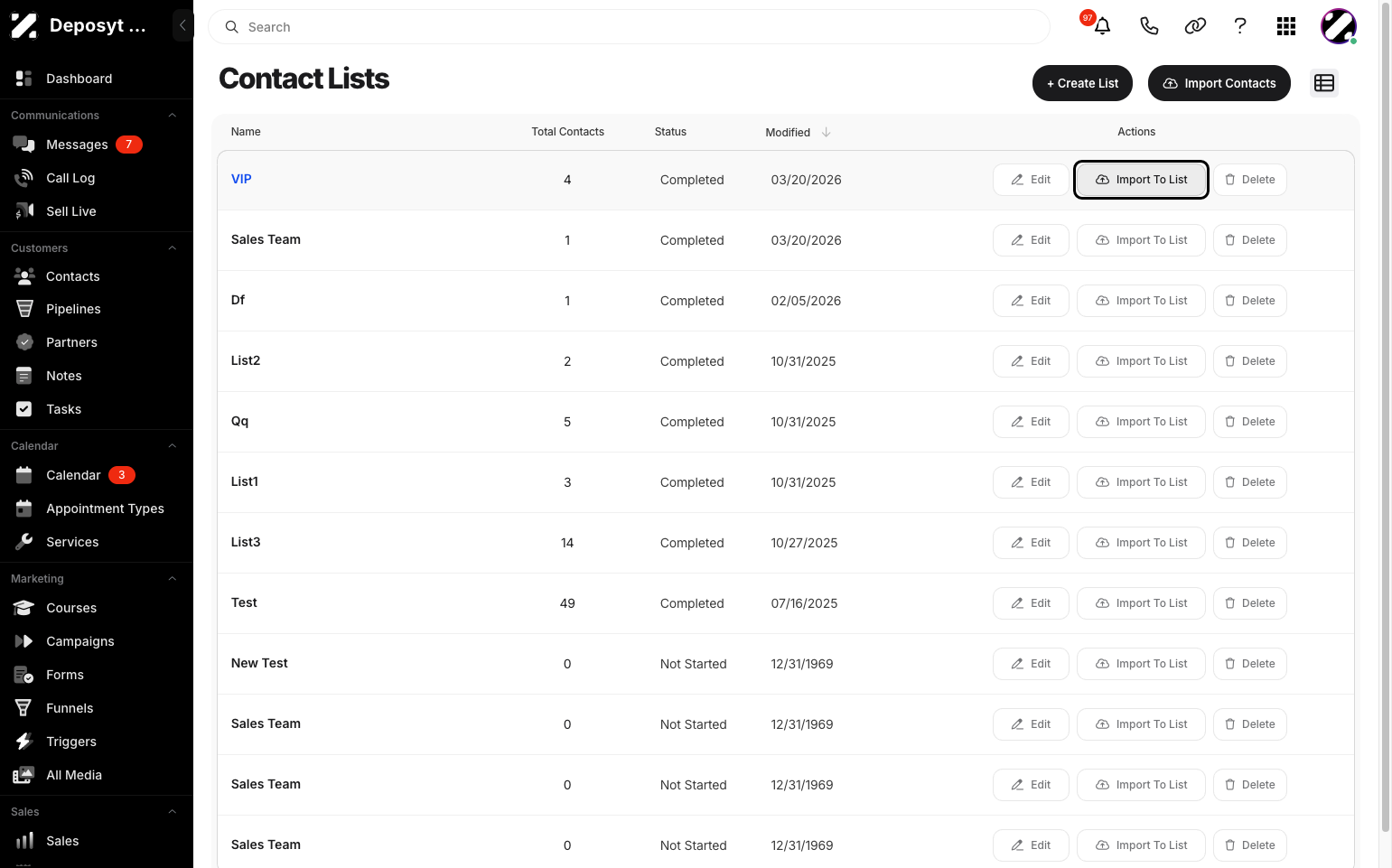 Step 4: You will be taken to the Lists section. Click the Import To List button.