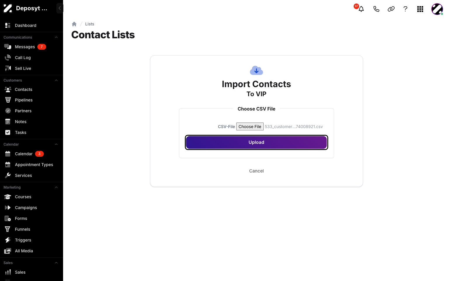 Step 5: Choose your CSV file and click the Upload button.