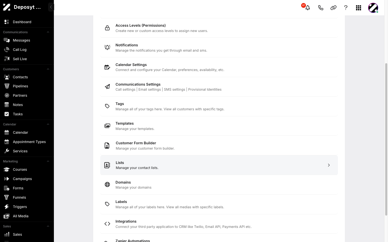 Step 3: You will then be taken to the Settings page. Click on Lists to continue.