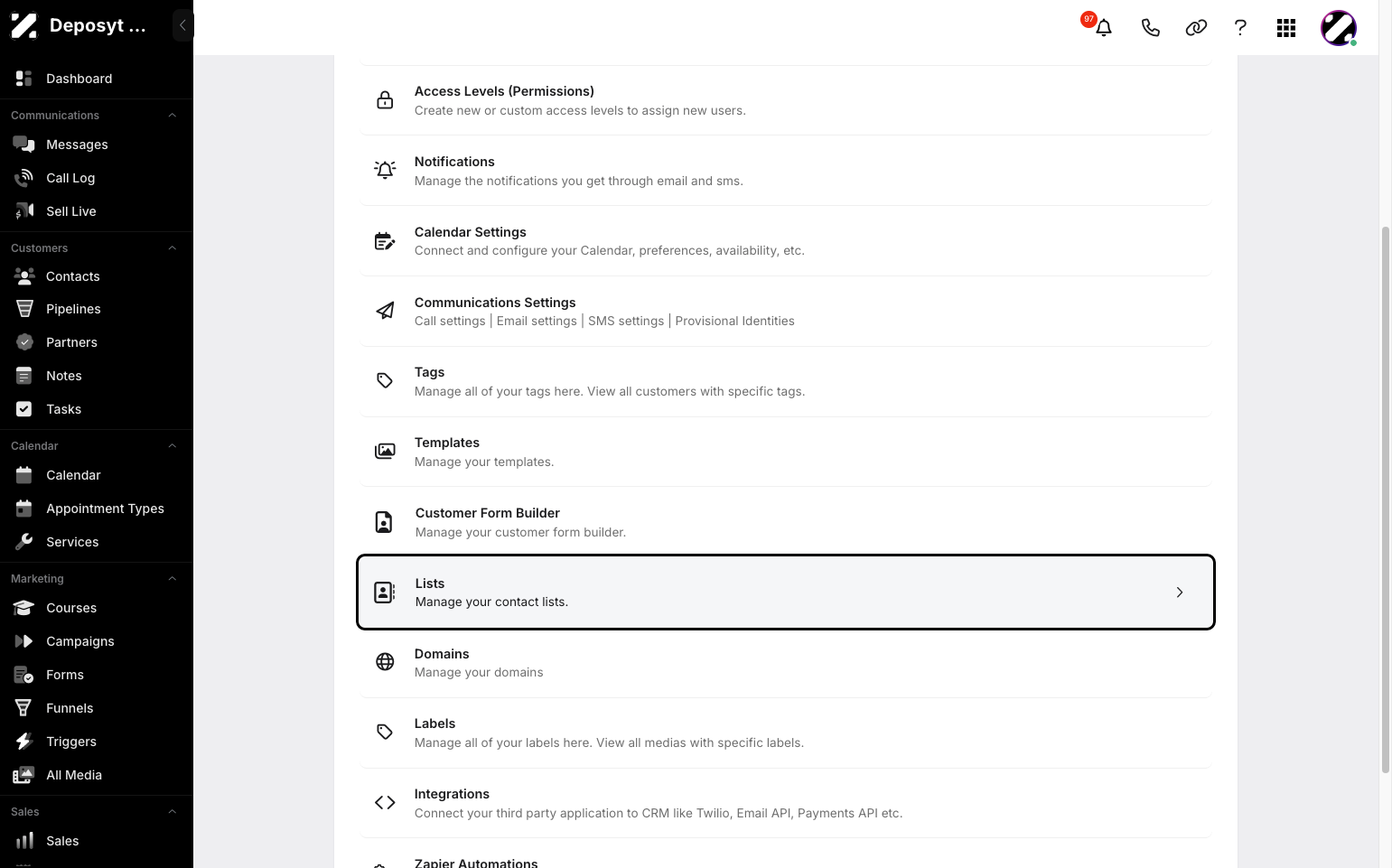 Step 3: You will then be taken to the Settings page. Click on Lists to continue.
