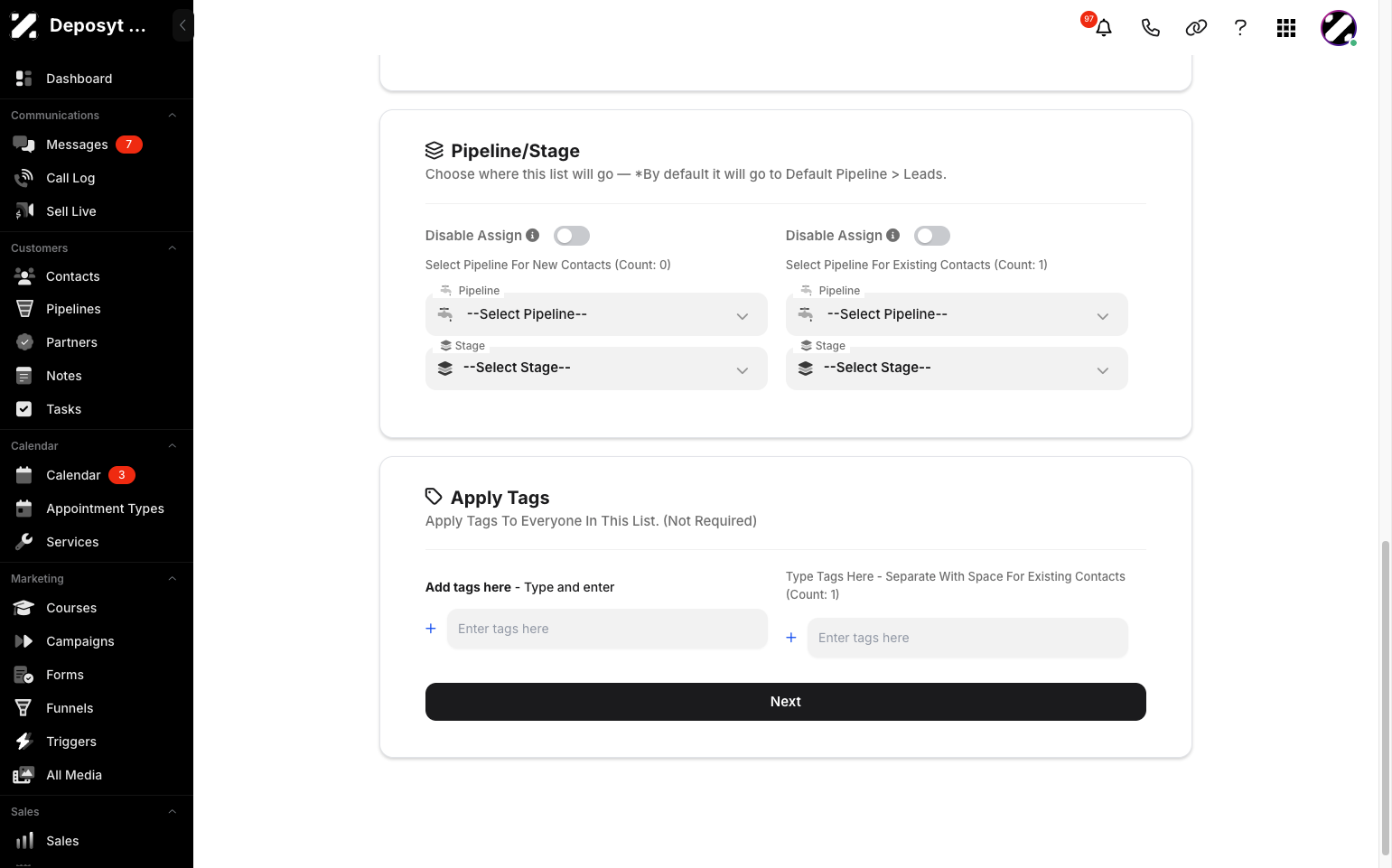 Step 9: You can choose which pipeline stage the list will be assigned to and apply tags to everyone in the list. Then, click the Next button.