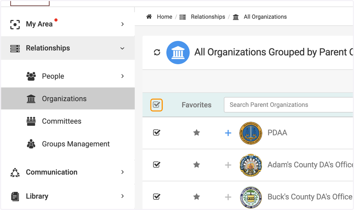 Check on the tick box to select all the organizations you wish to be in the report