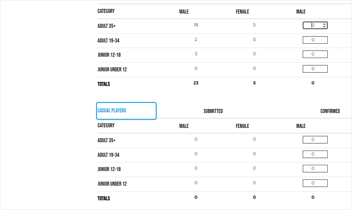 Then enter your casual player numbers
