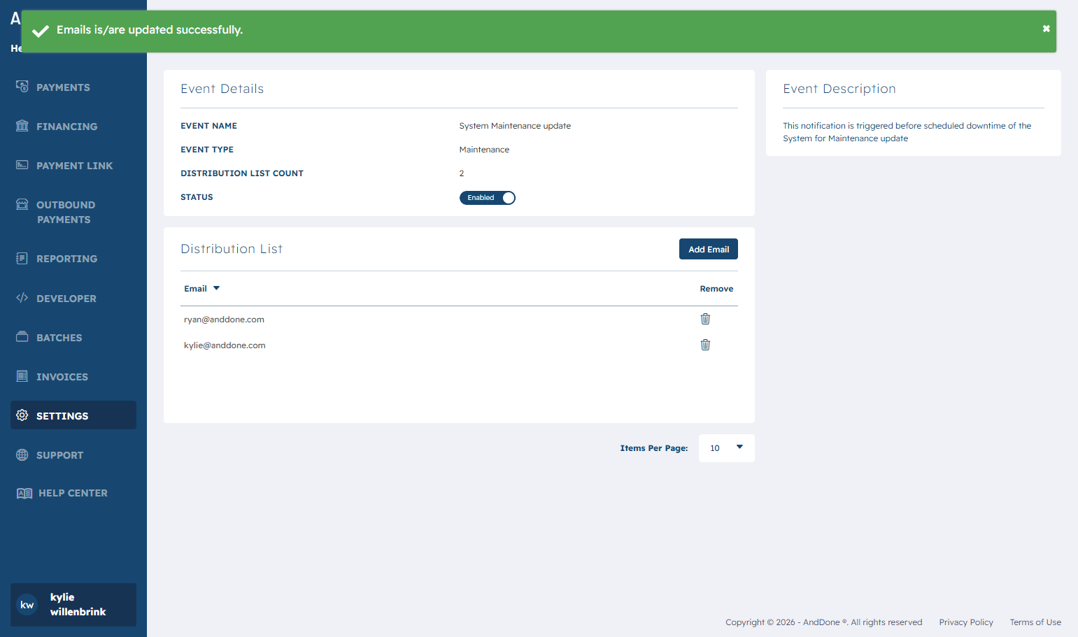 Make sure email status is marked as enabled.