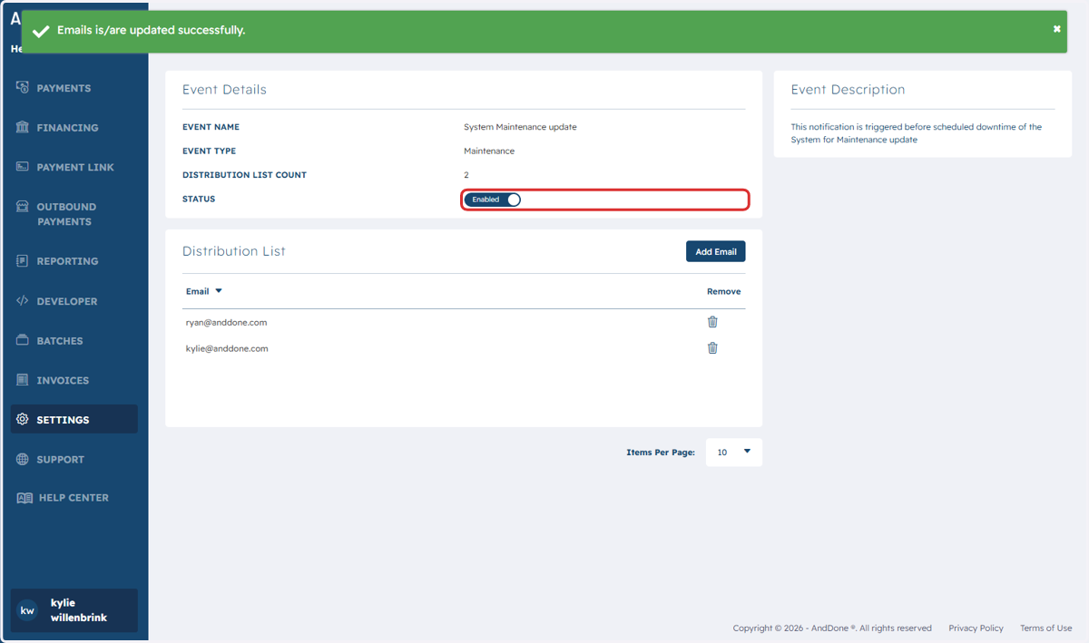 Make sure email status is marked as enabled.