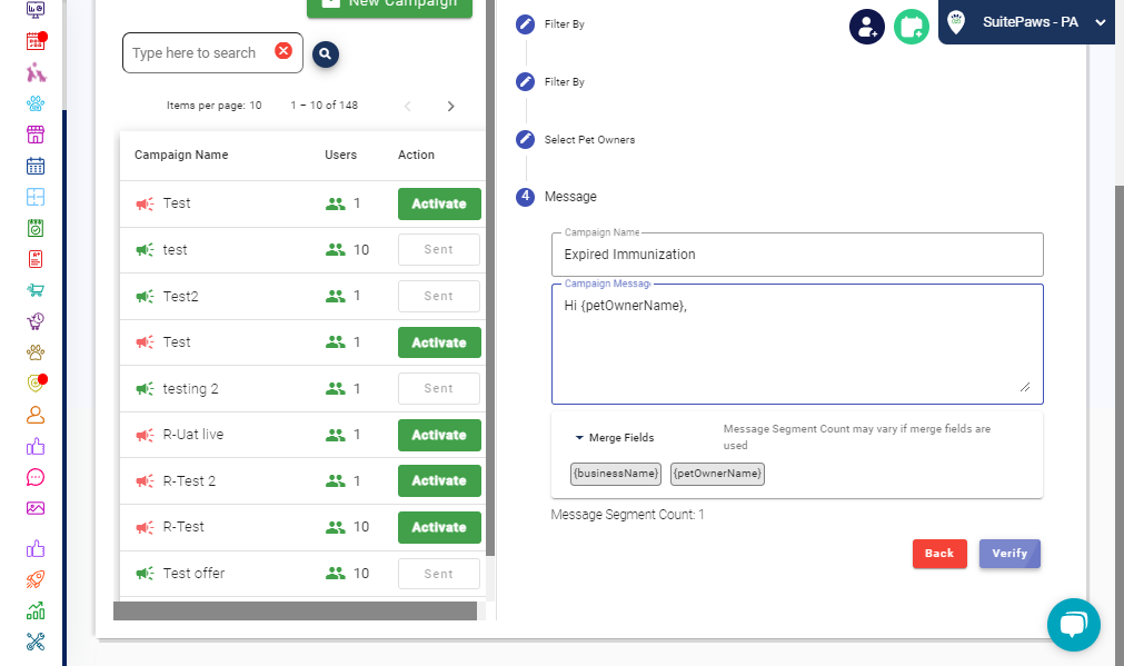 Click on Verify: Ensure your message and targeting are accurate before proceeding.