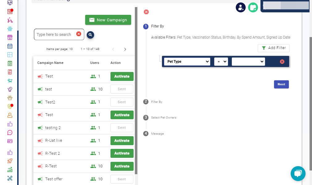 Choose Filter: Select from options such as Pet Type, Vaccination Status, Birthday, Spend Amount, or Sign Up Date. You can apply multiple filters to refine your Pet Owners.