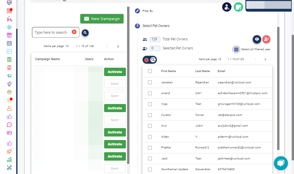 Select all filtered users: Send the campaign message to everyone who qualifies based on the applied filters by marking the associated checkbox.
