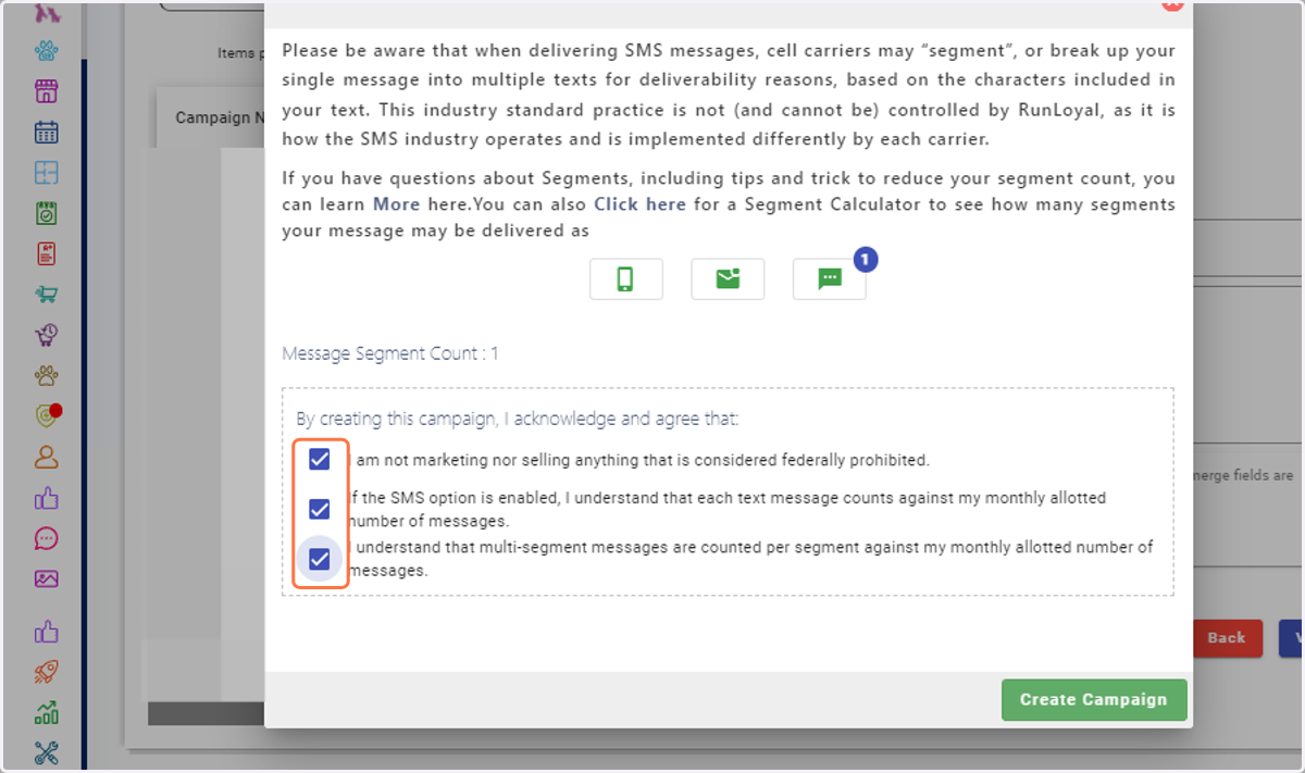 Checkmark/select the three conditions in order to send. Confirm that you agree to the terms and conditions before sending.