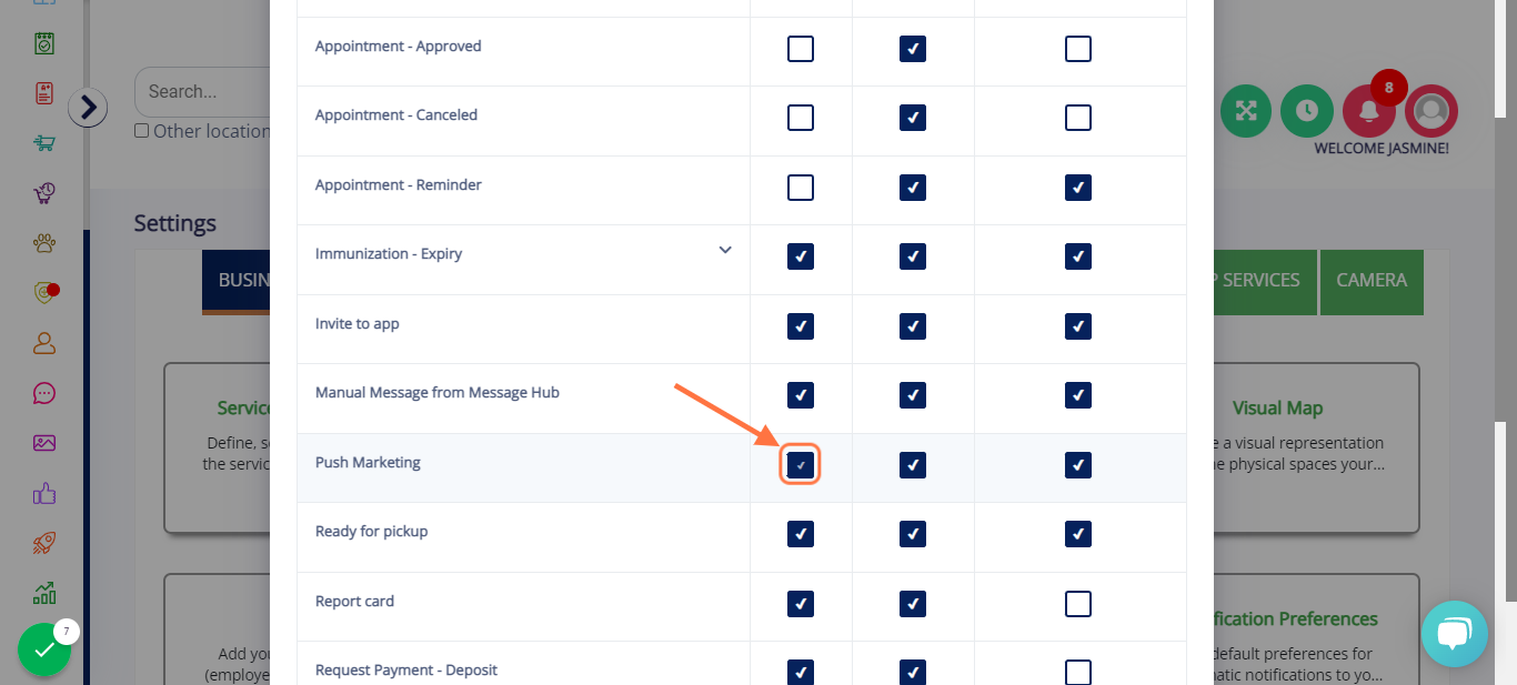 Select notification preferences - Make sure there is a check mark on App, Email, and/or SMS (add-on feature required, it will be grey if you do not have the text messaging feature on your portal) before sending a push marketing message. Select update