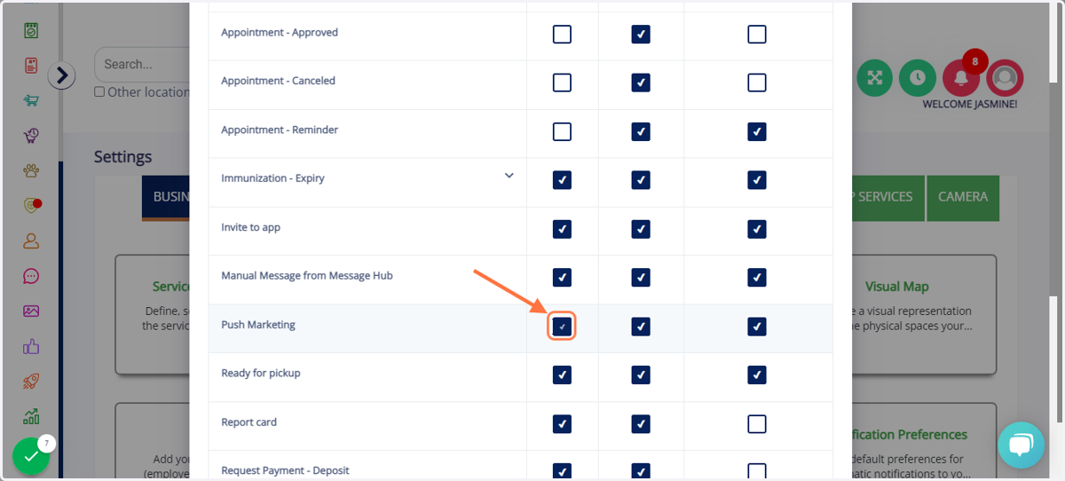 Select notification preferences - Make sure there is a check mark on App, Email, and/or SMS (add-on feature required, it will be grey if you do not have the text messaging feature on your portal) before sending a push marketing message. Select update