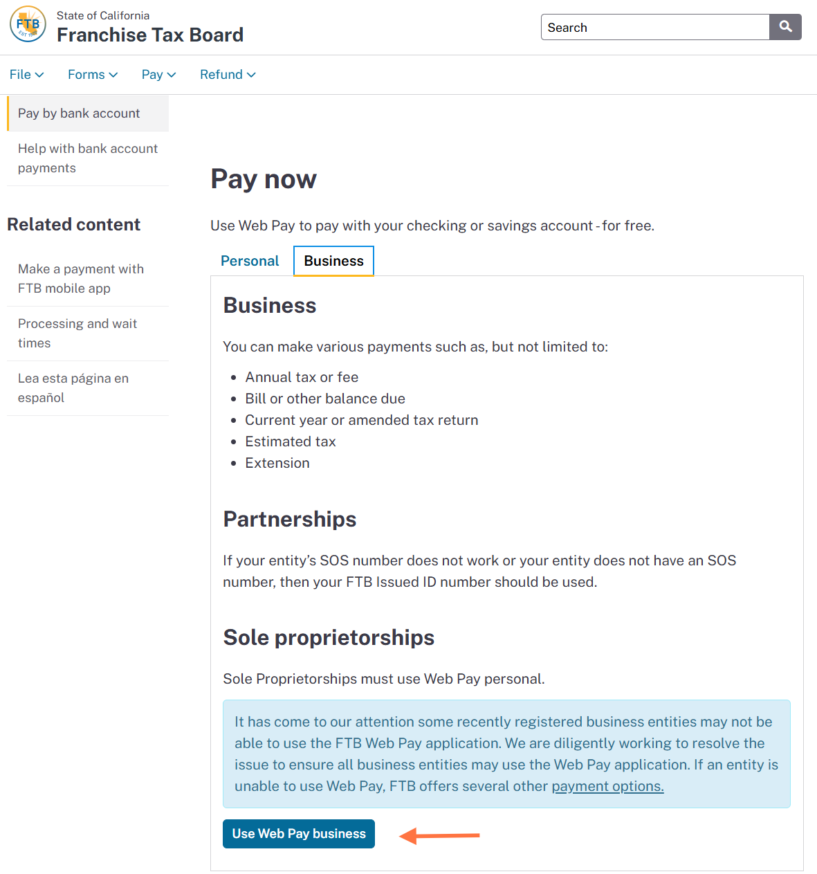 Click on Use Web Pay Business