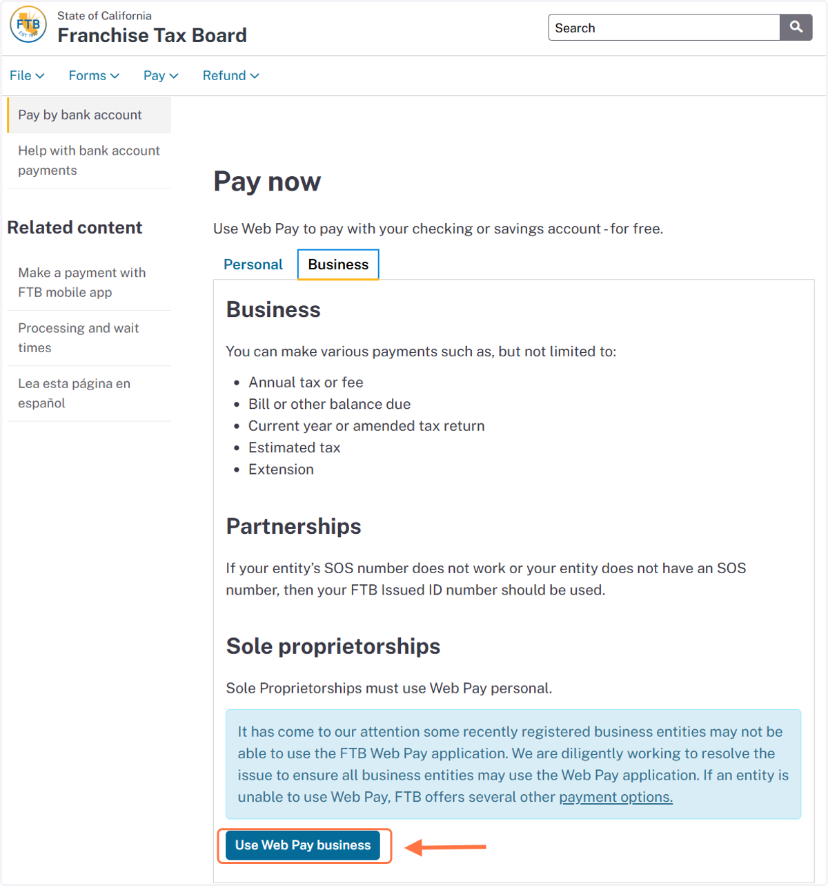 Click on Use Web Pay Business