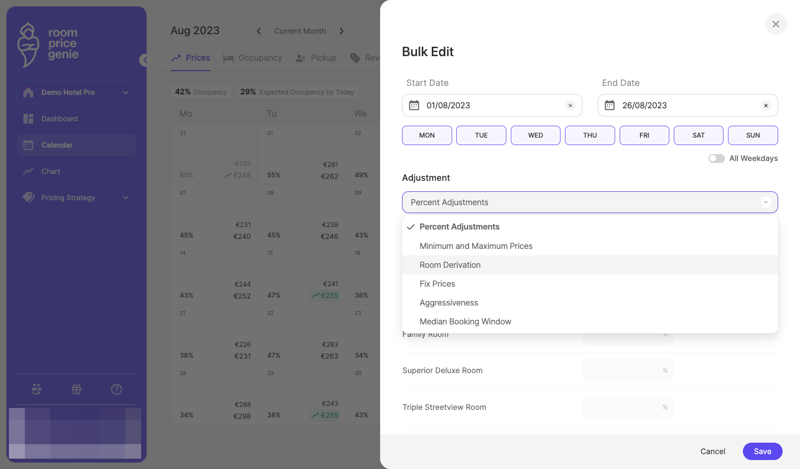 Choose the adjustment type by clicking on the drop-down "Percent Adjustments" and selecting "Room Derivation"