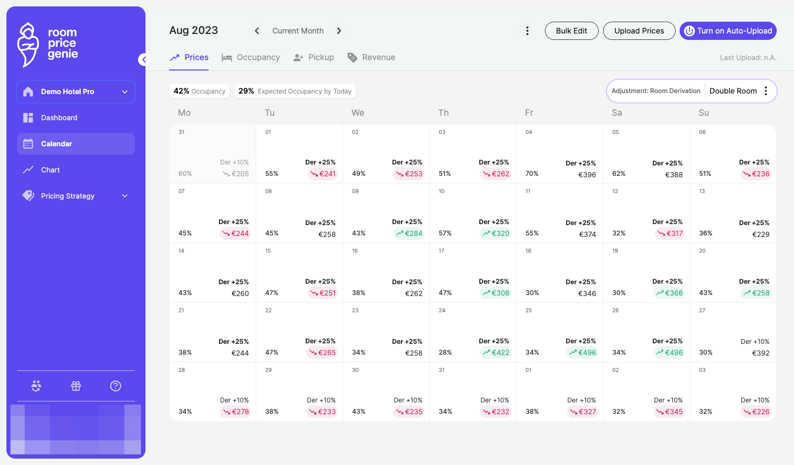 Notice that room derivations for your chosen category (in this example double room) were applied and reflected in the pricing calendar in Bold.