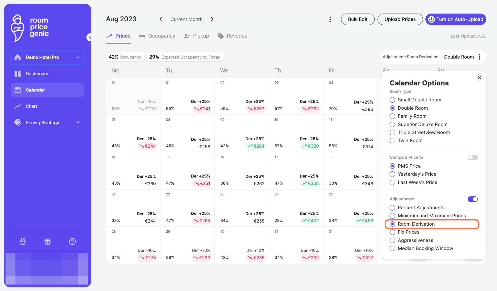 The Calendar view gives you an overview of all your manual adjustments. Under "Options", choose the category for which you adjusted the room derivation.