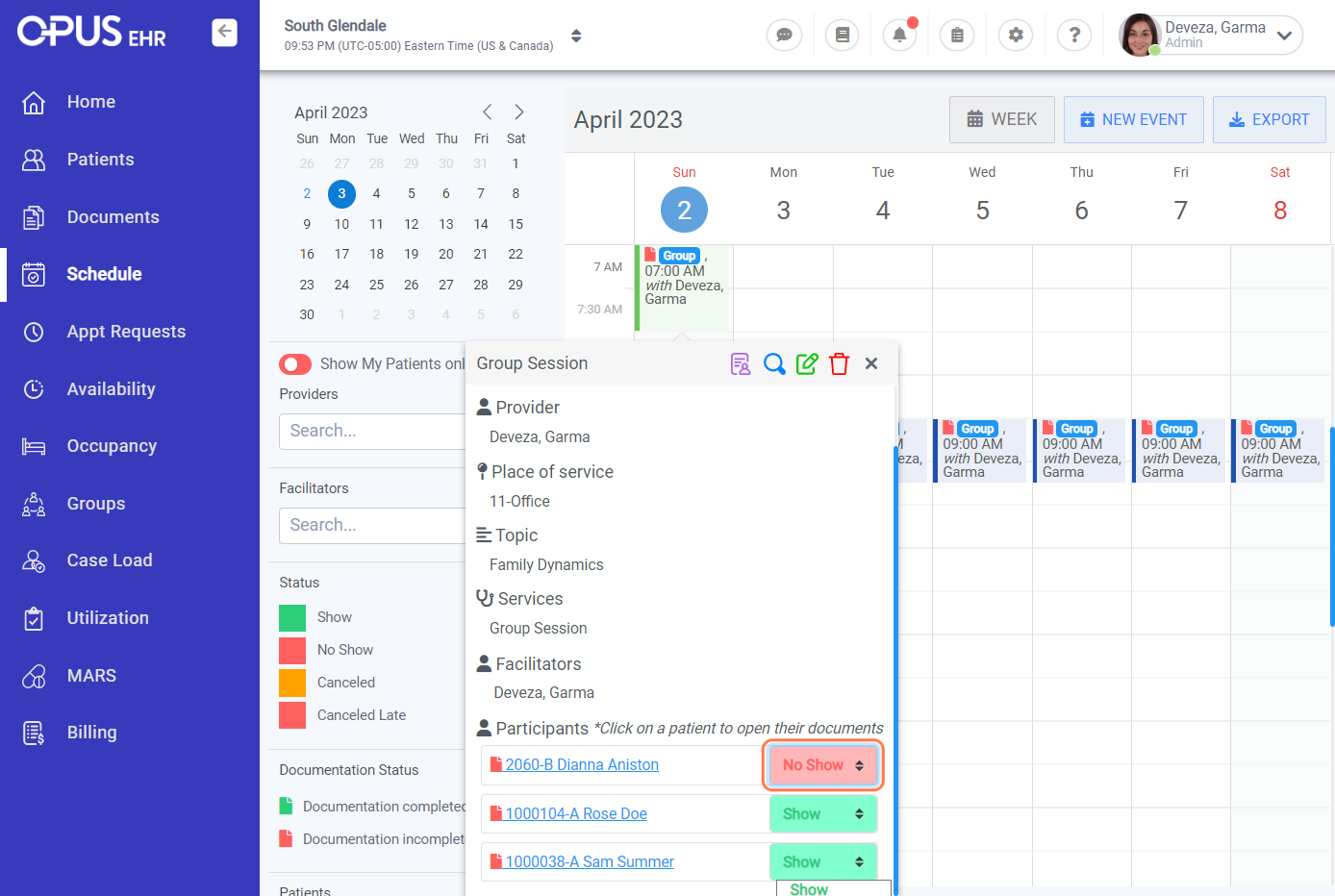 Mark the attendance of client to that group by clicking the drop-down and select from the list (Show, No Show, Canceled, & Canceled Late)
