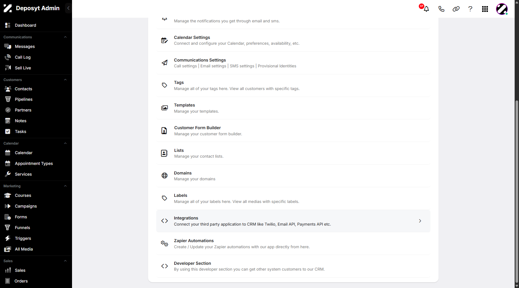Step 3: You will then be taken to the Settings page. Scroll down and click on Integrations to continue.