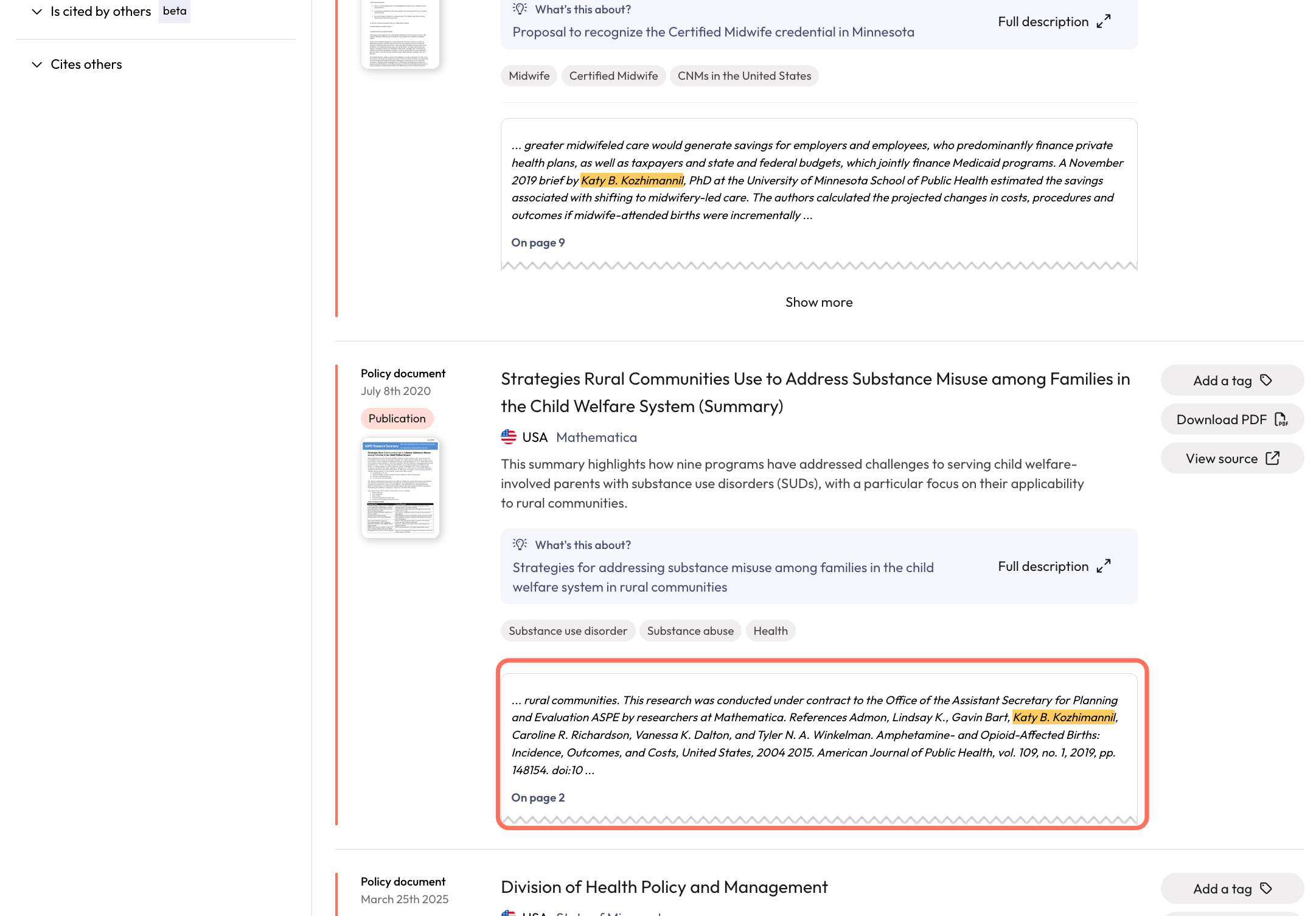 You will be taken to the 'Policy Documents' page, where you can review results where you name was found in the full-text of policy documents.