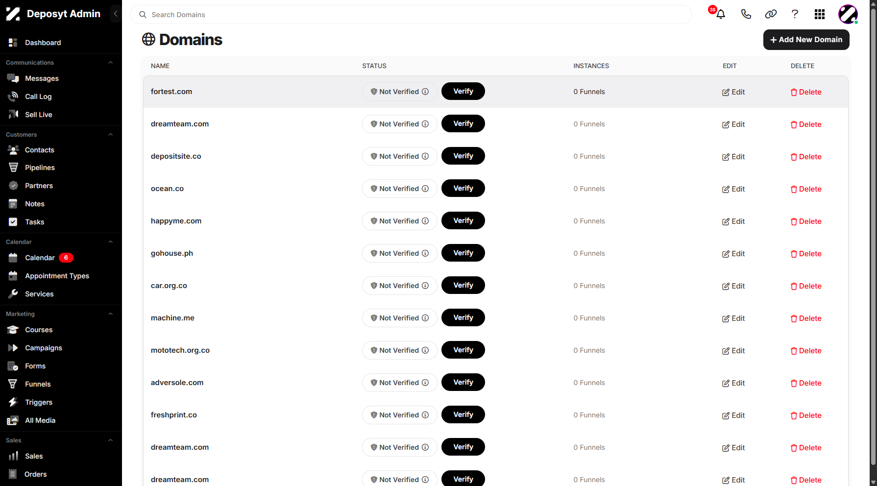 Step 7: Back on the Domains dashboard, you can also edit and delete existing domains by clicking the corresponding buttons.