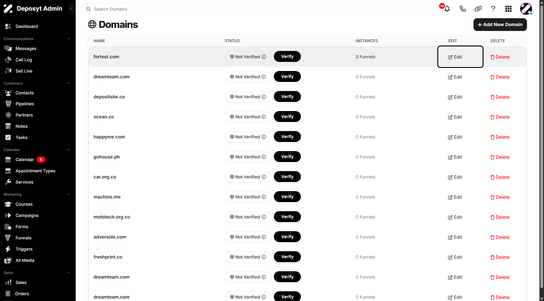Step 7: Back on the Domains dashboard, you can also edit and delete existing domains by clicking the corresponding buttons.