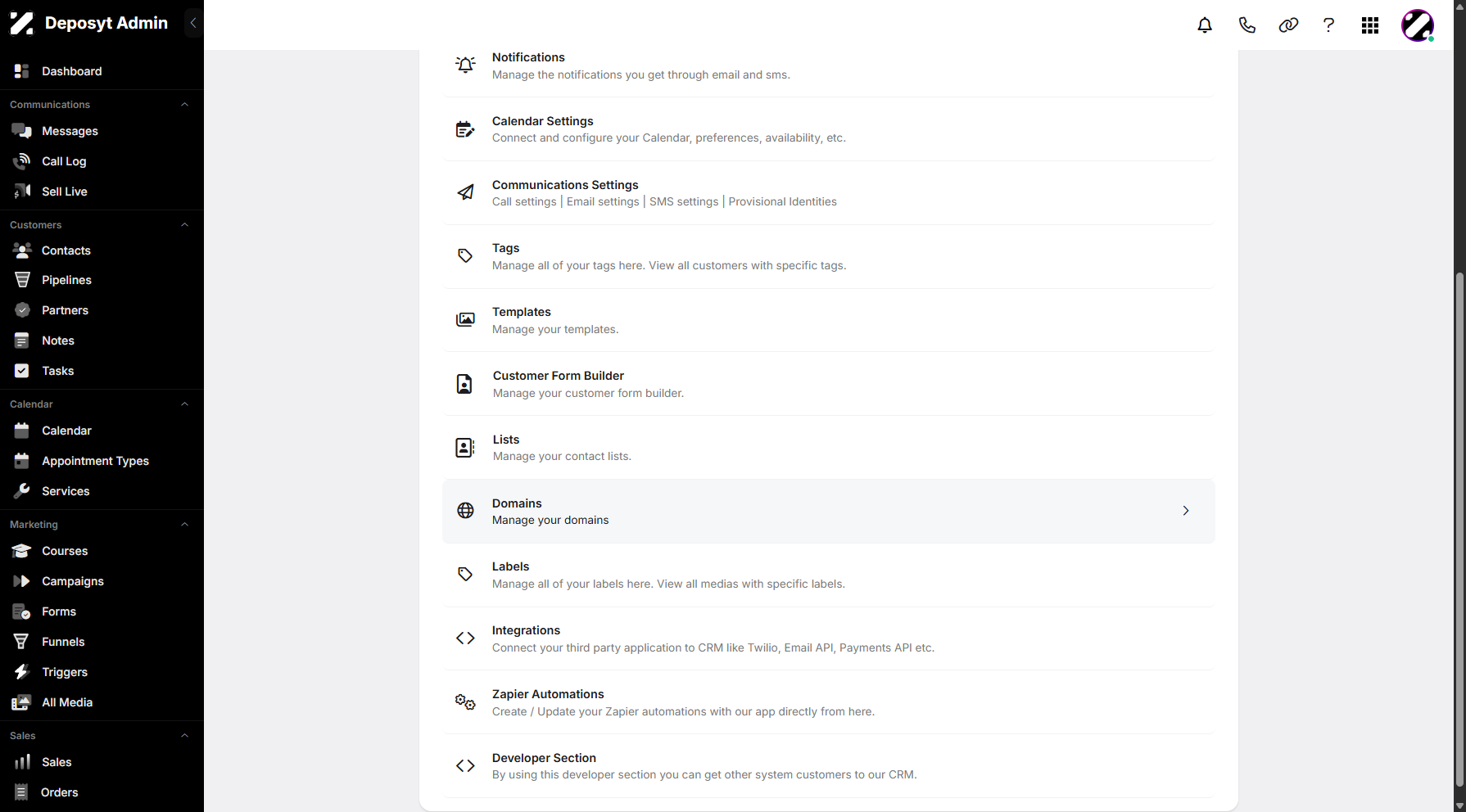 Step 3: You will then be taken to the Settings page. Scroll down and click on Domains to continue.