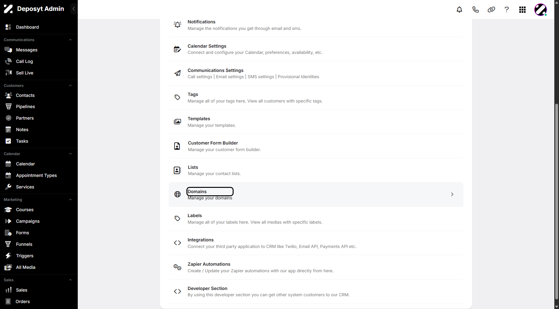 Step 3: You will then be taken to the Settings page. Scroll down and click on Domains to continue.