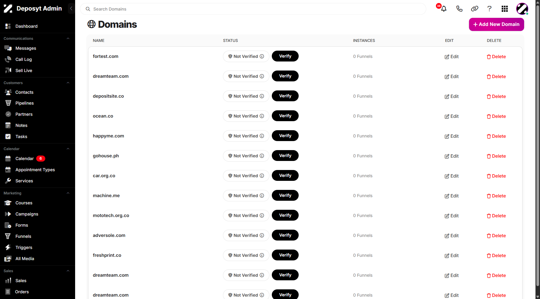 Step 5: You can create a new domain by clicking the Add New Domain button above.